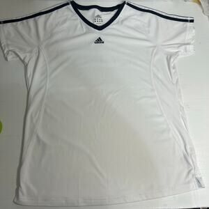 Adidas White Navy Stripe V-Neck Athletic Tee Large